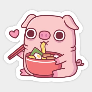 Cute Chubby Piggy Eating Ramen Noodles Sticker